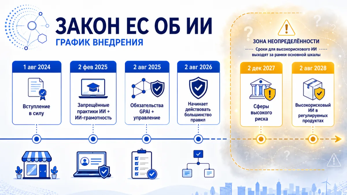 Схема ключевых дат EU AI Act с выделенной датой 2 августа 2026 года и переносом high-risk сроков.
